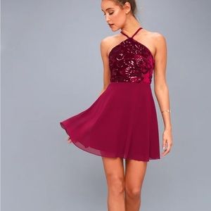 Lulu’s Time Of Love burgundy sequins halter skater dress S